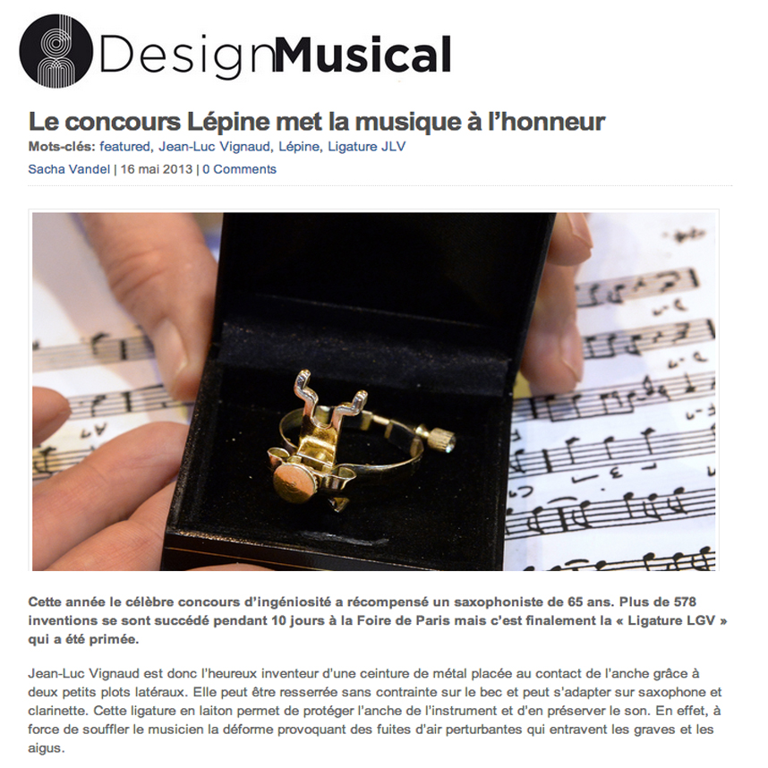 Article de presse DesignMusical à propos de la Ligature JLV pour sax et clarinette